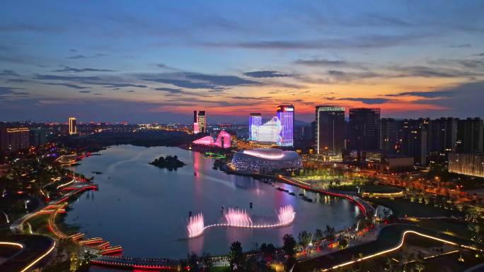 杭州钱塘区下沙金沙湖音乐喷泉夜景航拍
