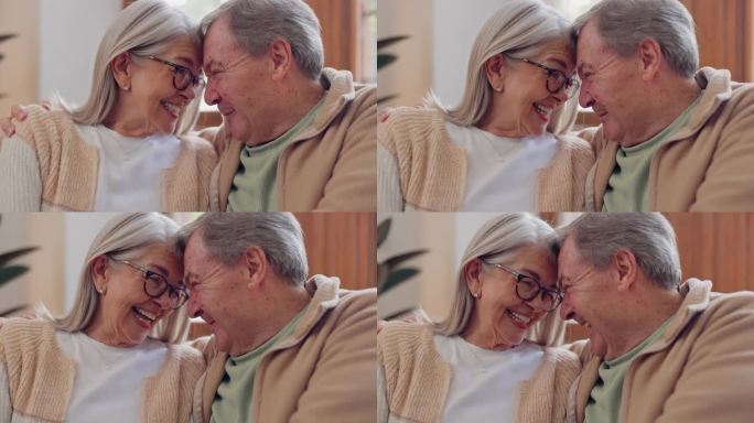 老夫妇，开心地笑着，拥抱着谈笑风生，相依而眠。退休后，养老院和老人在客厅、沙发上共度美好时光，拥抱或