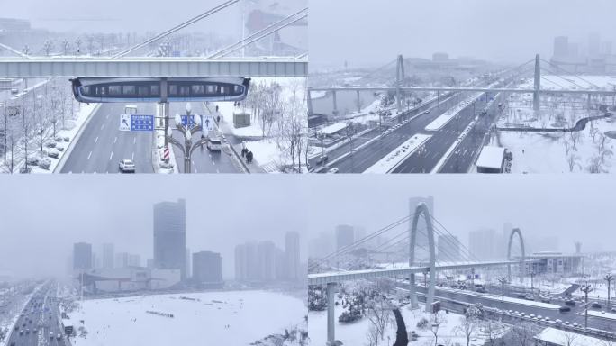 航拍武汉光谷中心城雪景光谷生物城空轨
