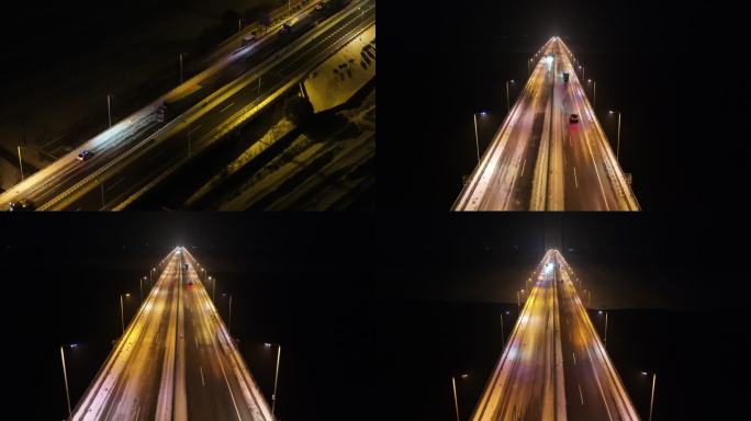 荆州长江大桥大雪结冰封路大量货车滞留航拍