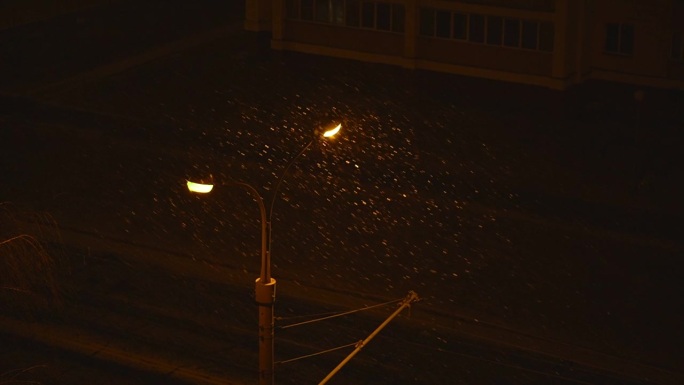 雪夜的路灯。雪中的城市基础设施。雪中孤灯的夜光