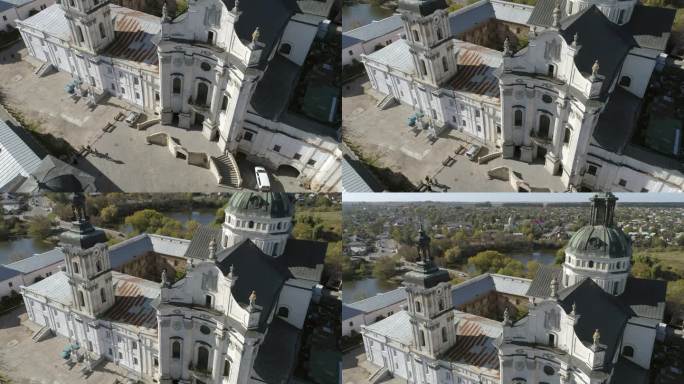 空中无人机倾斜镜头的裸加尔默罗修道院在别尔季切夫，在日托米尔州的历史名城，乌克兰。乌克兰各地的旅游目