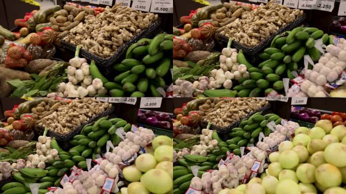 市场摊位上陈列的各种蔬菜