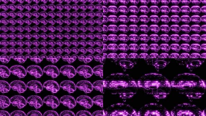 许多黑色背景上的紫色全息人脑图。