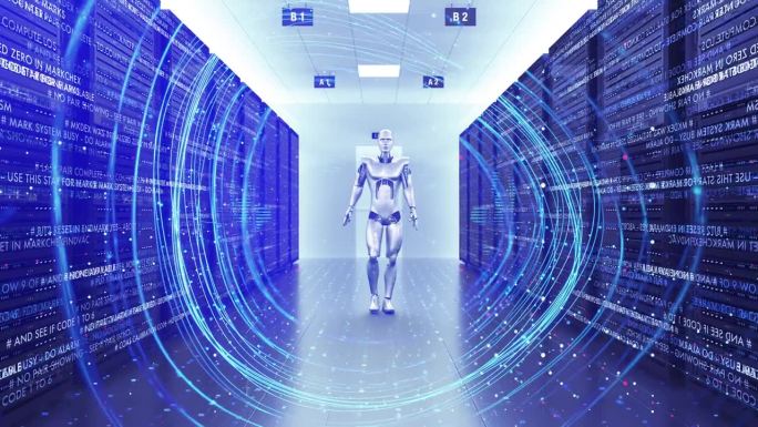 未来的AI机器人在现代服务器机房缓慢行走。