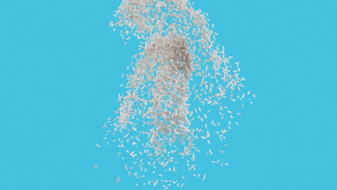 超慢动作的白色米粒在空中跳跃和散落的蓝色背景切割