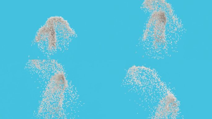 超慢动作的白色米粒在空中跳跃和散落的蓝色背景切割