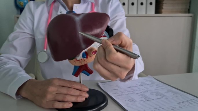 医生展示人造肝脏塑料模型