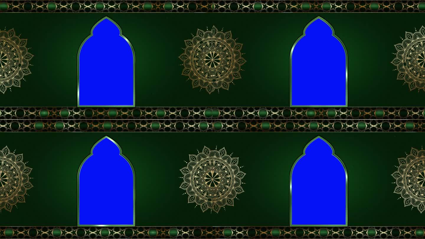动画豪华绿色伊斯兰背景，伊斯兰设计视频模板，金色曼陀罗装饰循环流畅，4K绿屏循环动画