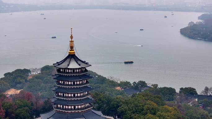 中国杭州西湖雷峰塔烟雨江南航拍