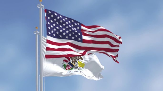 伊利诺斯州的州旗与美国国旗一起飘扬