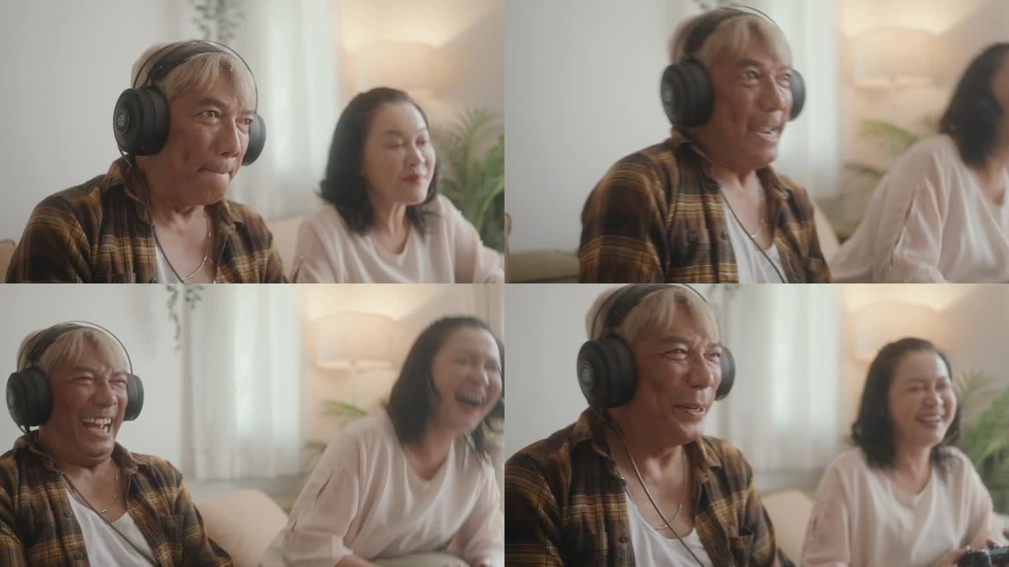 老人的快乐释放:亚洲夫妇通过主机游戏愉快的结合。