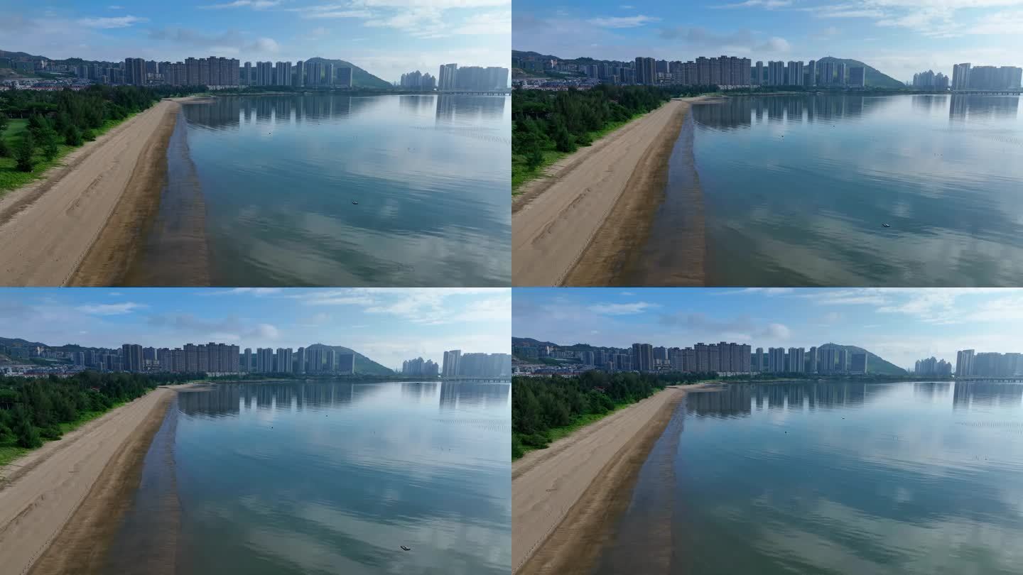 航拍福建漳州港海岸线沙滩