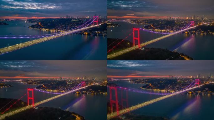 航拍超速魔术:标志性的法提赫苏丹穆罕默德桥和伊斯坦布尔金融区在暮色中闪烁着明亮的色彩和运动模糊#Is