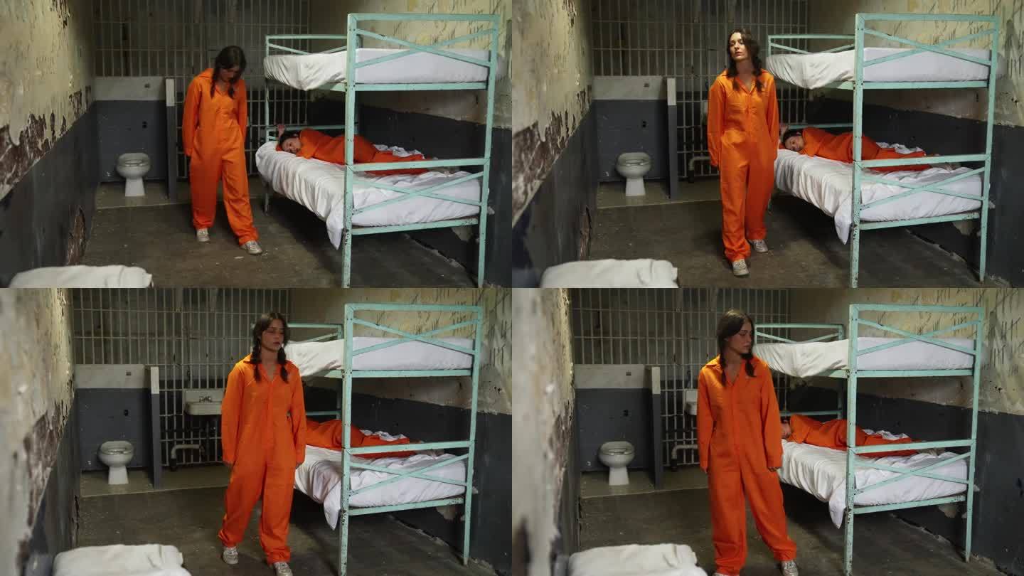 囚室里两个穿着囚服的年轻女子