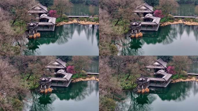 中式园林古典建筑白雪红梅