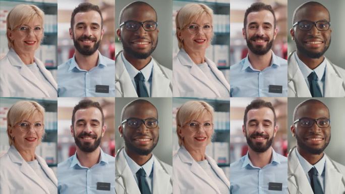 分屏拼贴的三个肖像不同的医疗专业人员看着相机。医学:多民族专业医师、医生、药学工作者微笑。垂直多蒙太