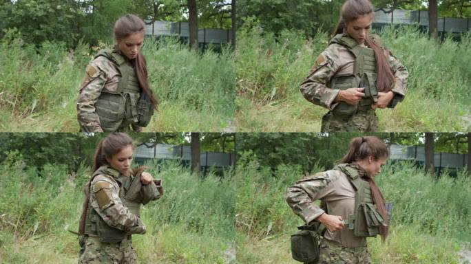 一个自信的年轻美国女兵正在摘掉帽子的特写镜头