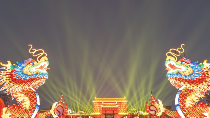 西安永宁门春节巨龙彩灯日转夜延时摄影竖版