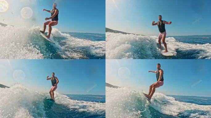 在一个阳光明媚的日子里，滑水板运动员享受着令人兴奋的冲浪运动