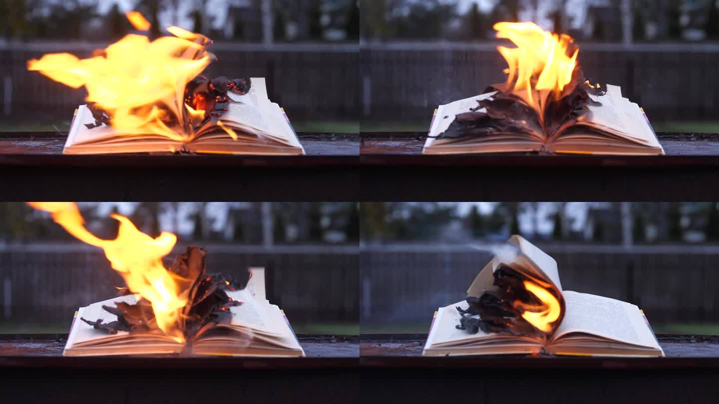 打开的书在火中燃烧。书中燃烧。风吹动书页