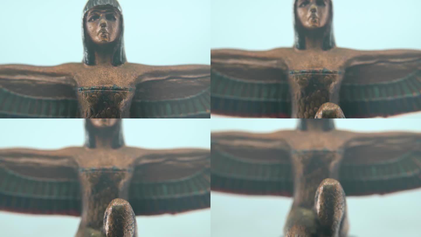梦幻的微距镜头，克利奥帕特拉雕像与大开的翅膀，朦胧的景深，古埃及国王女王，埃及历史统治者，女神的古董
