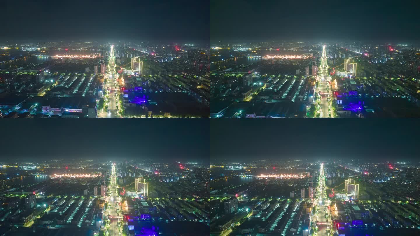 山东聊城城市夜景灯光交通航拍4K