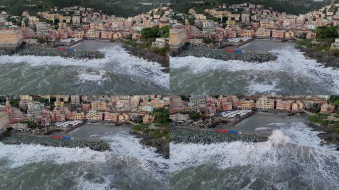 巨大的泡沫海浪冲击着热那亚港口的码头防浪器。