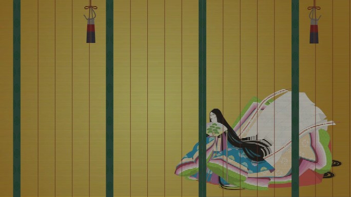 日本经典。民族服装。十二层和服。一位贵族妇女。用一把柏木扇把脸藏在百叶窗后面