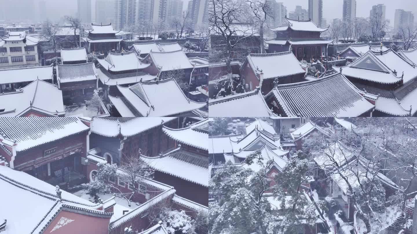 航拍武汉长春观古刹雪景寺庙人文历史古建筑