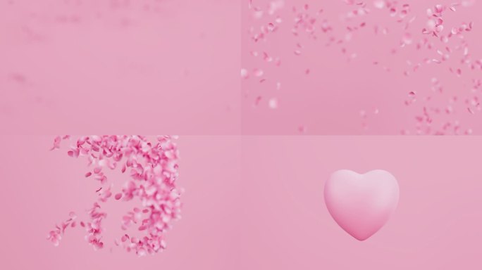粉红色的玫瑰花瓣四处飞舞，形成心形。情人节概念。3D渲染动画