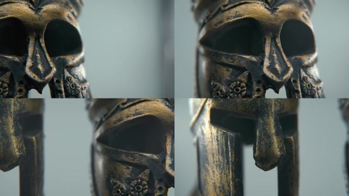 斯巴达设计的特写微距创意镜头，两个不同的古代战士金属青铜头盔，发光的纹理面具形状，工作室照明，4K电