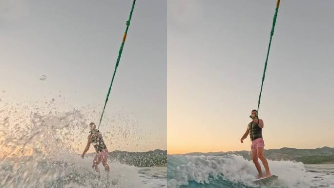 SLO MO Man在闪闪发光的海面上展示令人兴奋的滑水板动作