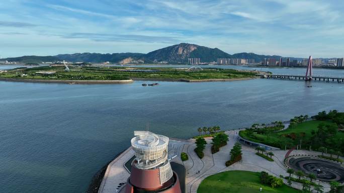 航拍福建漳州港海岸线海错馆公园