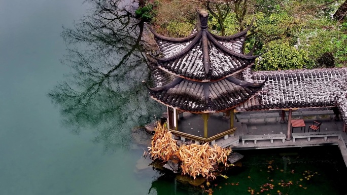 杭州西湖浴鹄湾古典建筑白雪红梅