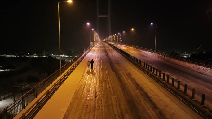 情侣行走在大雪结冰封路的荆州长江大桥夜景