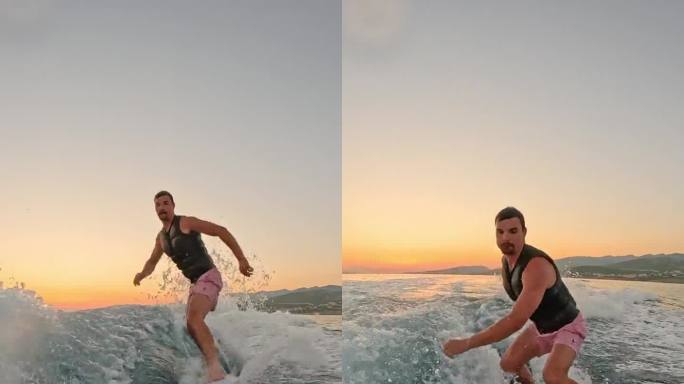 SLO MO男子享受激动人心的日落水上滑水冒险在海上平滑的动作和纯粹的快乐