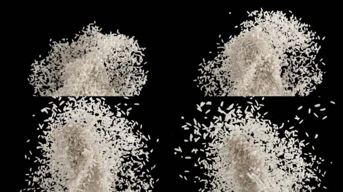 超慢动作，纯白色的米粒在空中抛掷，散落在黑色的背景上