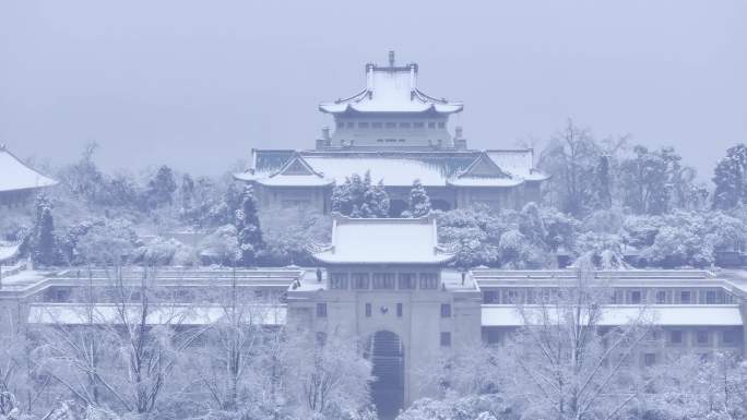 航拍武汉武大武汉大学雪景大雪古建筑人文