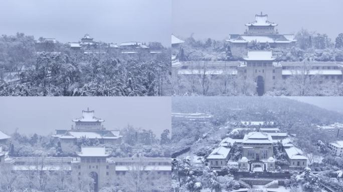 航拍武汉武大武汉大学雪景大雪古建筑人文