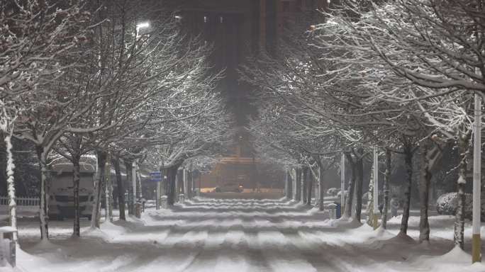 城市夜晚雪景升格暴雪雪中行人慢镜头