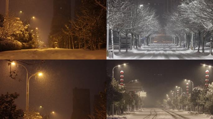 城市夜晚雪景升格暴雪雪中行人慢镜头