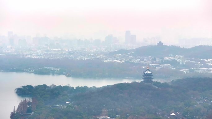 中国杭州西湖雷峰塔烟雨江南航拍