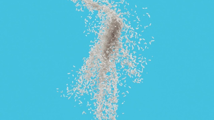超慢动作纯熟的白米粒在空中跳跃抛掷和散落切割出蓝色背景