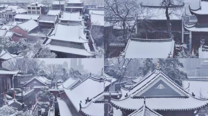 航拍武汉长春观古刹雪景寺庙人文历史古建筑