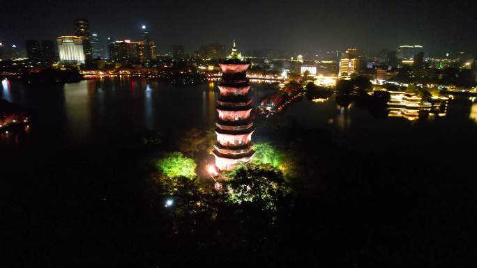 惠州城市夜景西湖风光泗洲塔合江楼古建航拍