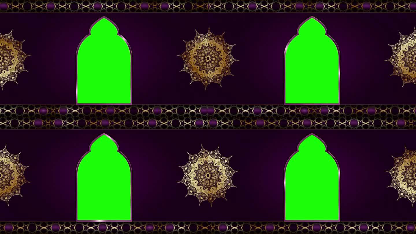 动画奢华红色伊斯兰背景，伊斯兰设计视频模板，金色曼陀罗装饰循环流畅，4K绿屏循环动画