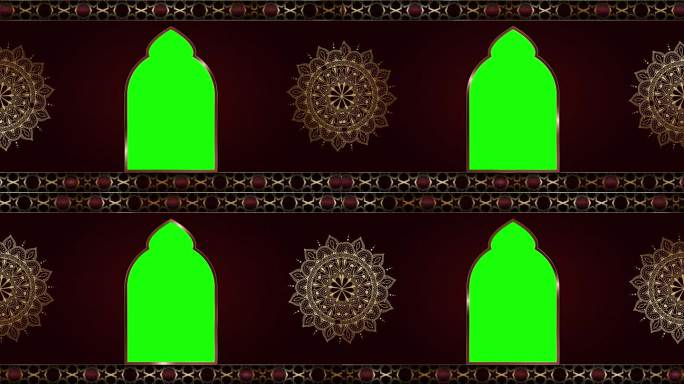 动画奢华红色伊斯兰背景，伊斯兰设计视频模板，金色曼陀罗装饰循环流畅，4K绿屏循环动画