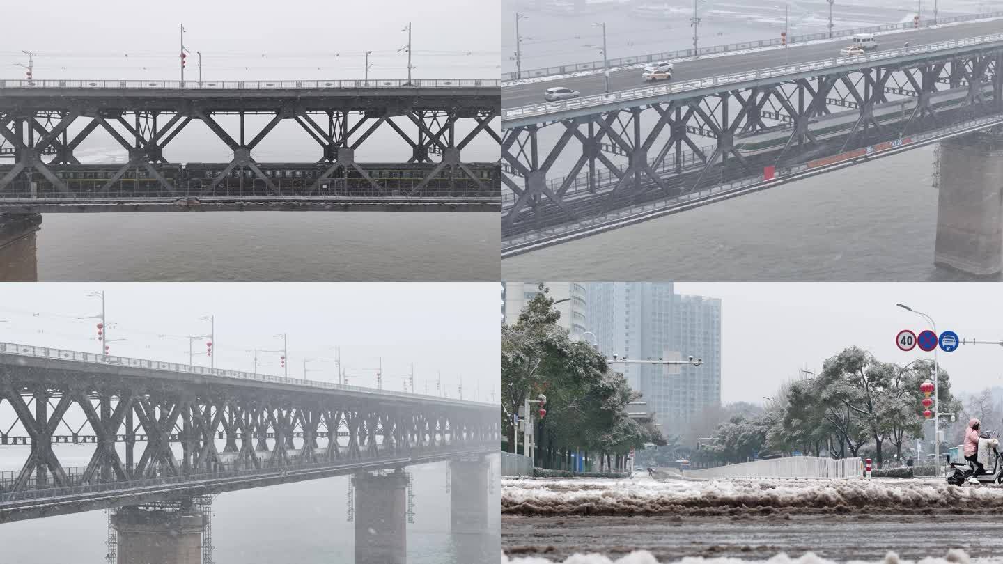 风雪高铁行驶在长江大桥