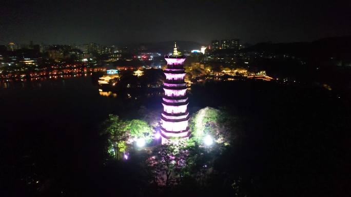 惠州城市夜景西湖风光泗洲塔合江楼古建航拍